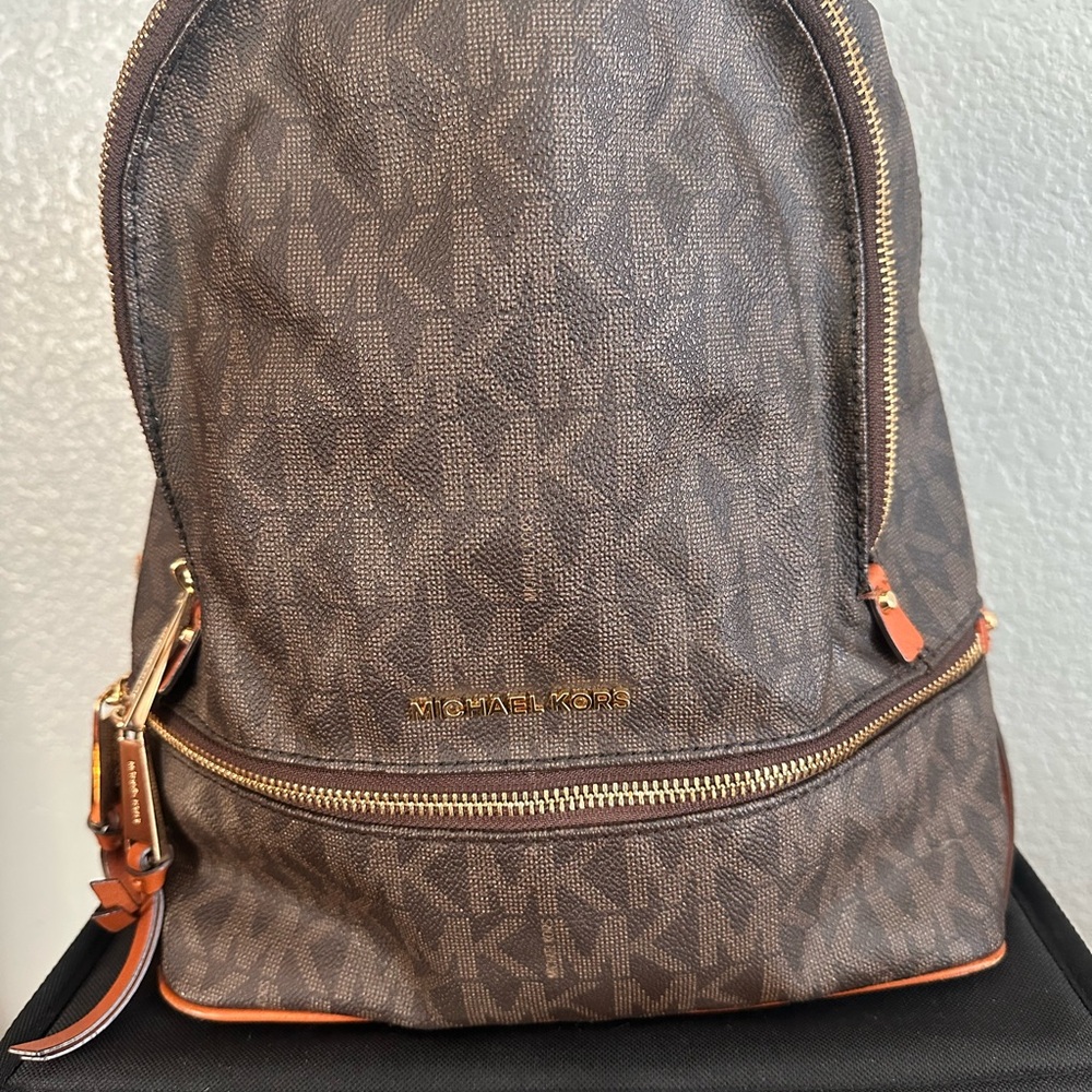 Michael Kors Brown Monogram Backpack with Gold Hardware